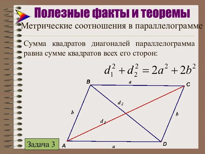 Сумма квадратов диагоналей параллелограмма равна сумме квадратов всех его сторон: