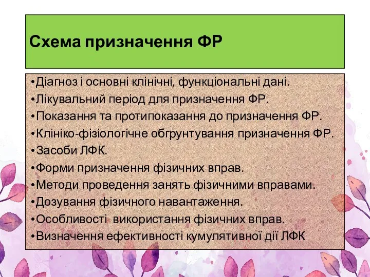 Схема призначення ФР Діагноз і основні клінічні, функціональні дані. Лікувальний