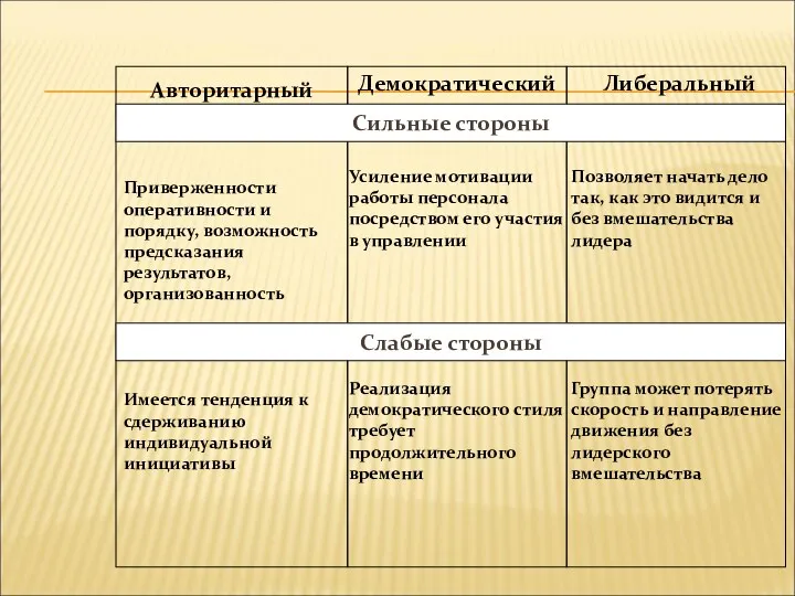 Авторитарный Приверженности оперативности и порядку, возможность предсказания результатов, организованность Имеется