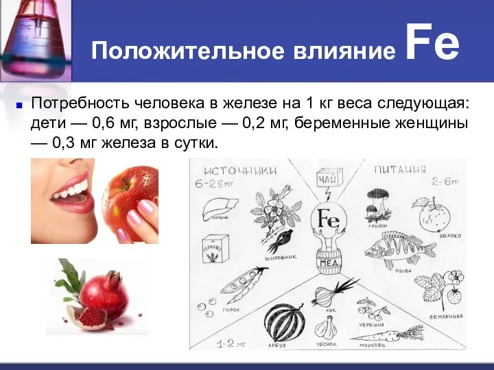 Положительное влияние Fe Потребность человека в железе на 1 кг