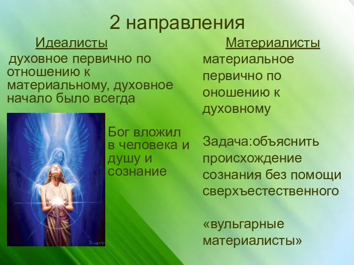 2 направления Идеалисты духовное первично по отношению к материальному, духовное