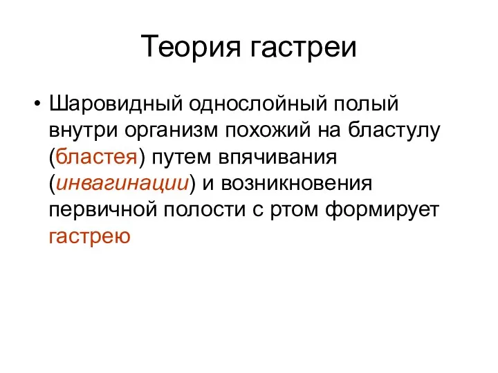 Теория гастреи Шаровидный однослойный полый внутри организм похожий на бластулу