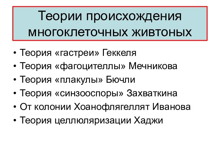 Теории происхождения многоклеточных живтоных Теория «гастреи» Геккеля Теория «фагоцителлы» Мечникова