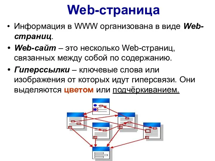 Информация в WWW организована в виде Web-страниц. Web-сайт – это несколько Web-страниц, связанных