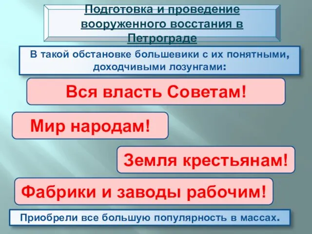 В такой обстановке большевики с их понятными, доходчивыми лозунгами: Подготовка