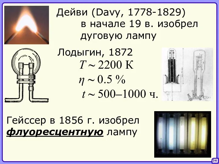 36 Дейви (Davy, 1778-1829) в начале 19 в. изобрел дуговую