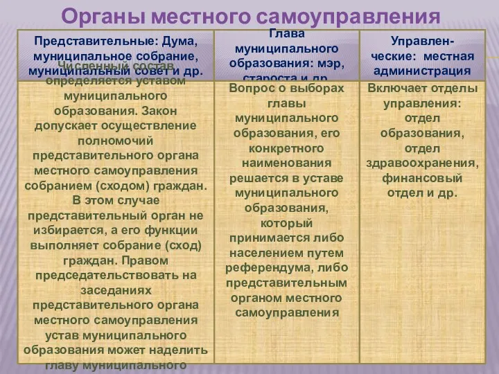 Органы местного самоуправления Представительные: Дума, муниципальное собрание, муниципальный совет и