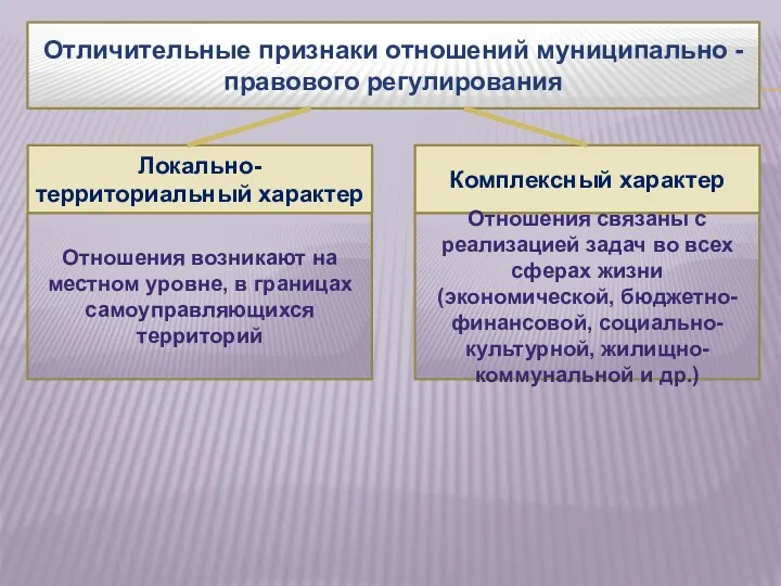 Отличительные признаки отношений муниципально - правового регулирования Локально-территориальный характер Комплексный