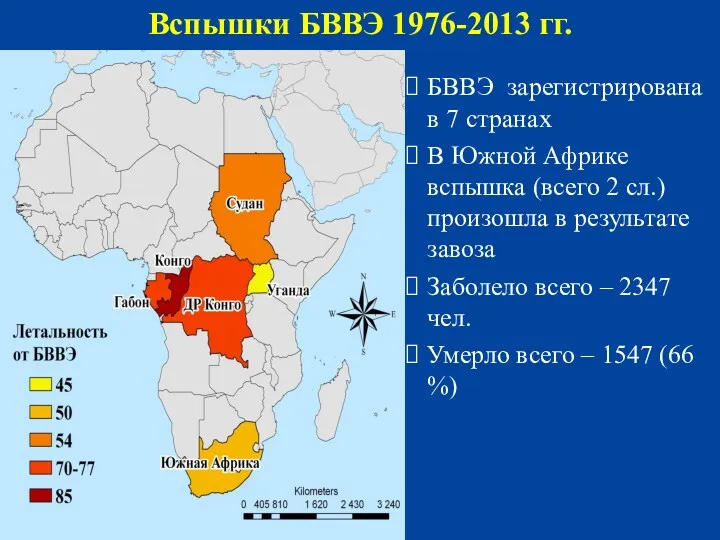 Вспышки БВВЭ 1976-2013 гг. БВВЭ зарегистрирована в 7 странах В