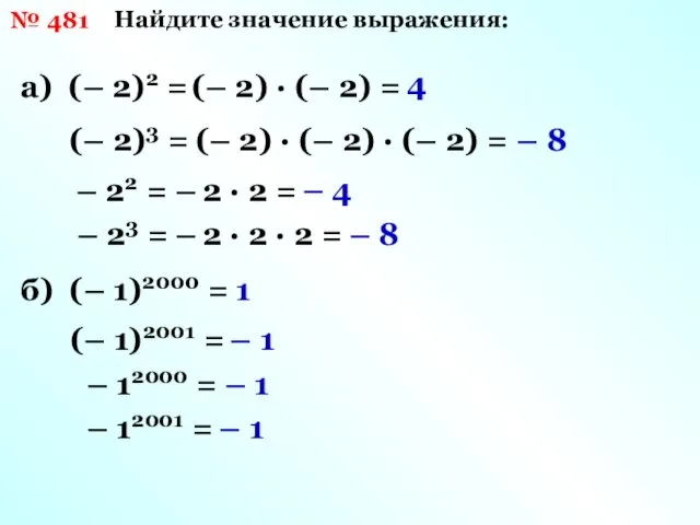 № 481 Найдите значение выражения: а) (– 2)2 = (–