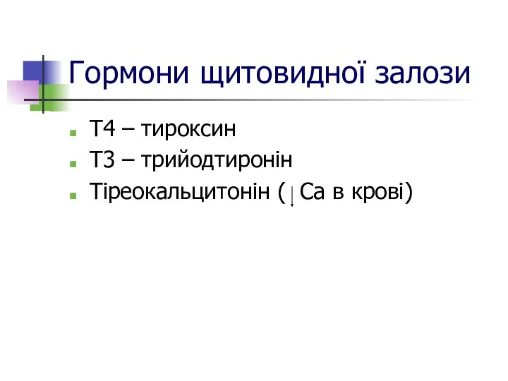 Гормони щитовидної залози Т4 – тироксин Т3 – трийодтиронін Тіреокальцитонін ( Са в крові)