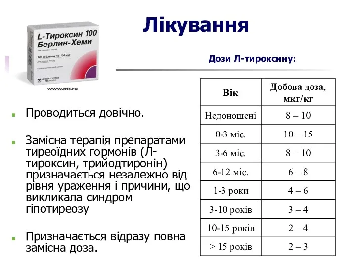 Лікування Дози Л-тироксину: Проводиться довічно. Замісна терапія препаратами тиреоїдних гормонів