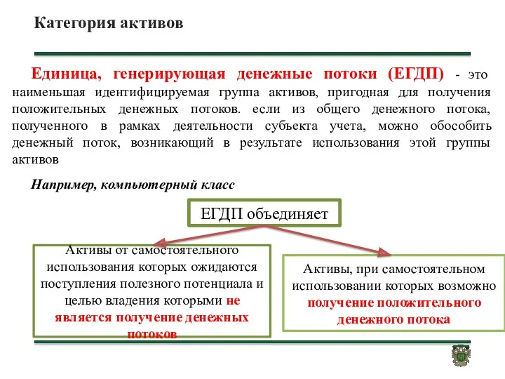 Категория активов Единица, генерирующая денежные потоки (ЕГДП) - это наименьшая