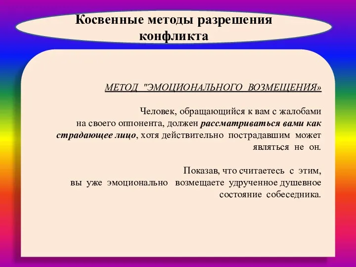 МЕТОД "ЭМОЦИОНАЛЬНОГО ВОЗМЕЩЕНИЯ» Человек, обращающийся к вам с жалобами на