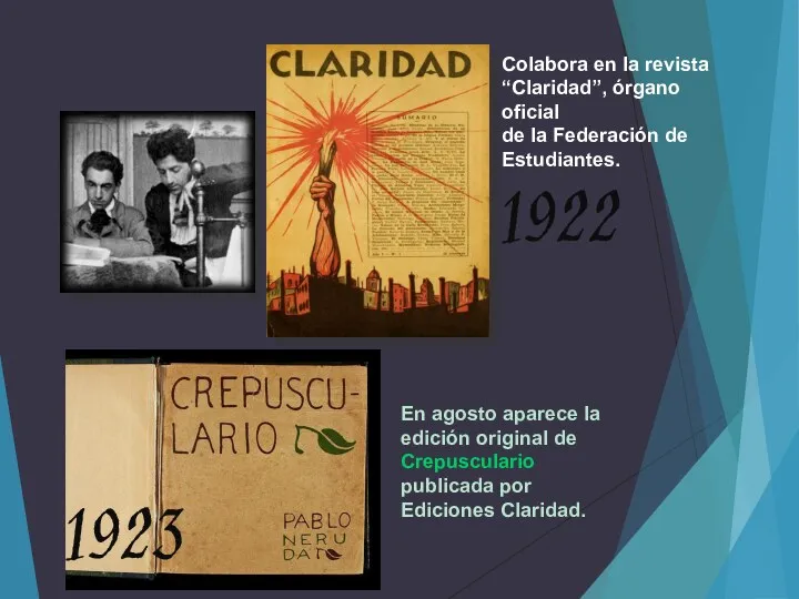 Colabora en la revista ‘‘Claridad’’, órgano oficial de la Federación de Estudiantes. 1923