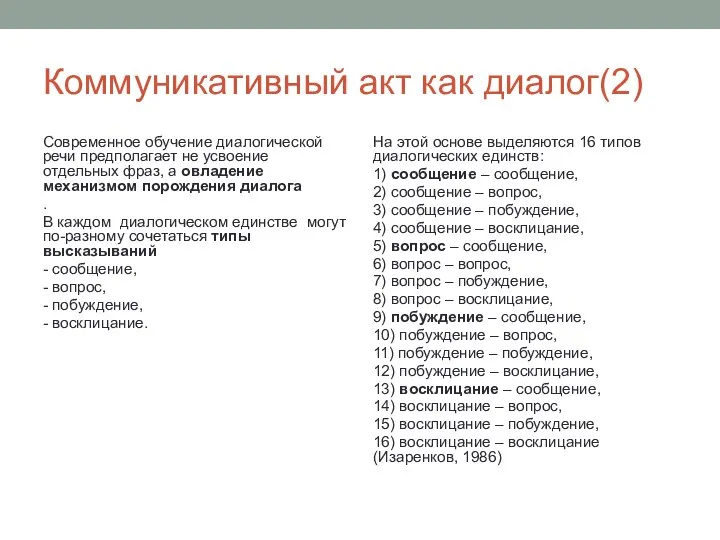 Коммуникативный акт как диалог(2) Современное обучение диалогической речи предполагает не