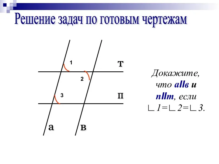 Решение задач по готовым чертежам 1 2 3 Докажите, что аΙΙв и пΙΙт, если ∟1=∟2=∟3.