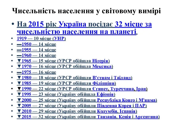 Чисельність населення у світовому вимірі На 2015 рік Україна посідає 32 місце за