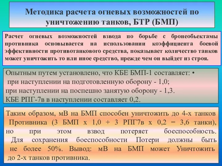 Методика расчета огневых возможностей по уничтожению танков, БТР (БМП) Расчет