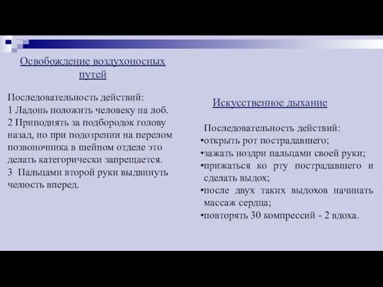 Освобождение воздухоносных путей Последовательность действий: 1 Ладонь положить человеку на