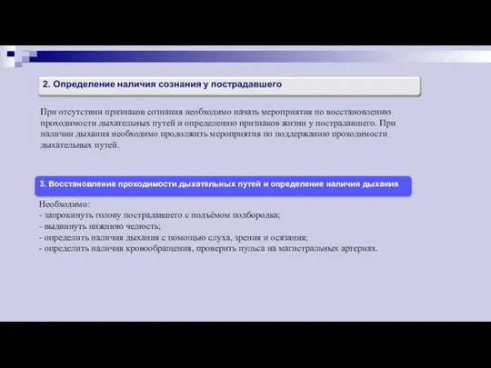 3. Восстановление проходимости дыхательных путей и определение наличия дыхания При