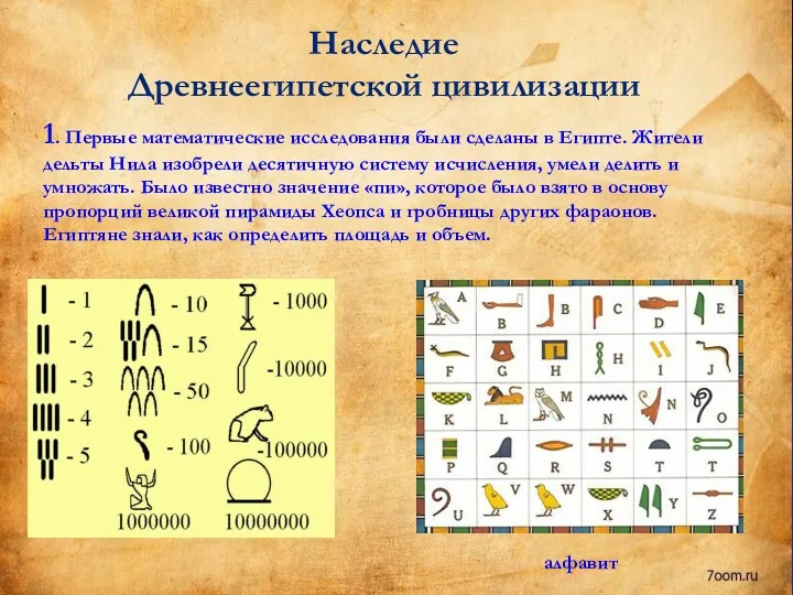 Наследие Древнеегипетской цивилизации 1. Первые математические исследования были сделаны в