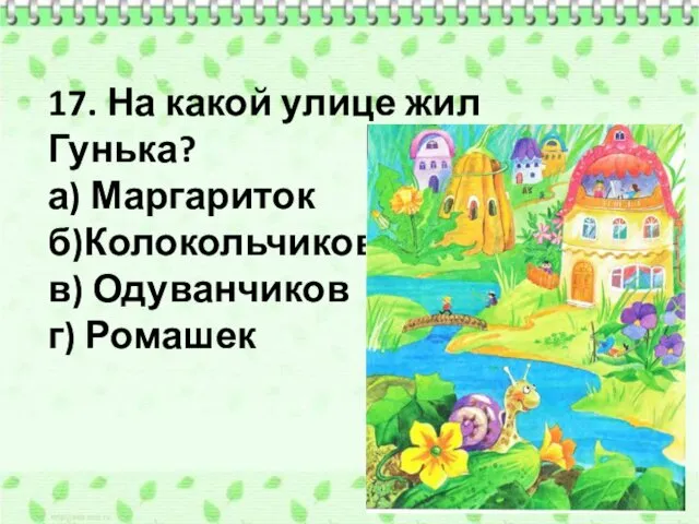 17. На какой улице жил Гунька? а) Маргариток б)Колокольчиков в) Одуванчиков г) Ромашек