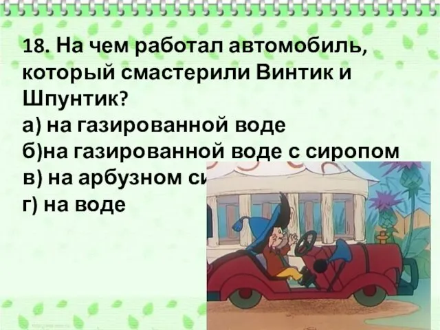 18. На чем работал автомобиль, который смастерили Винтик и Шпунтик?