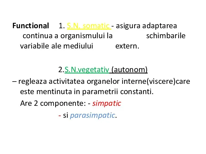 Functional 1. S.N. somatic - asigura adaptarea continua a organismului