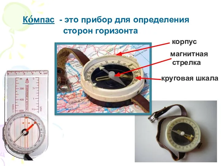 Кóмпас - это прибор для определения сторон горизонта корпус магнитная стрелка круговая шкала