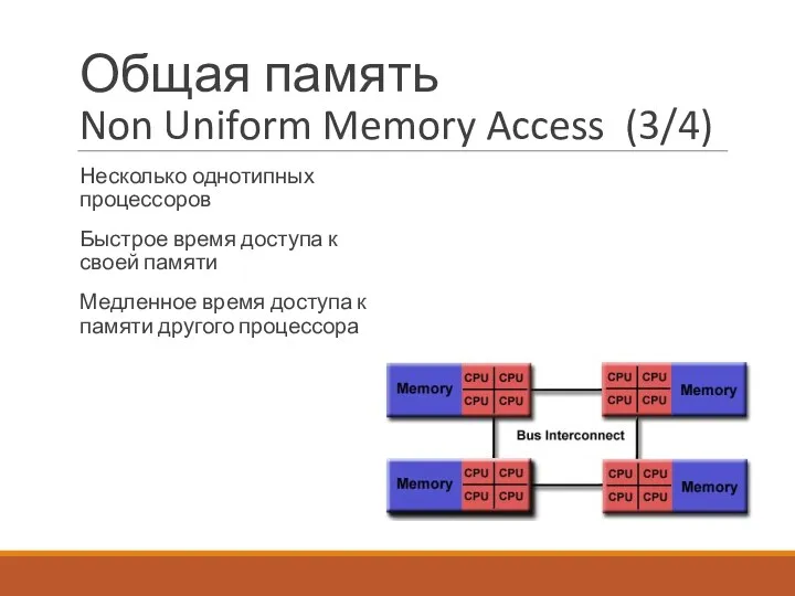 Общая память Non Uniform Memory Access (3/4) Несколько однотипных процессоров