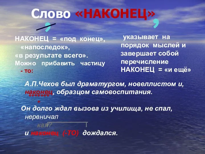 Слово «НАКОНЕЦ» указывает на порядок мыслей и завершает собой перечисление