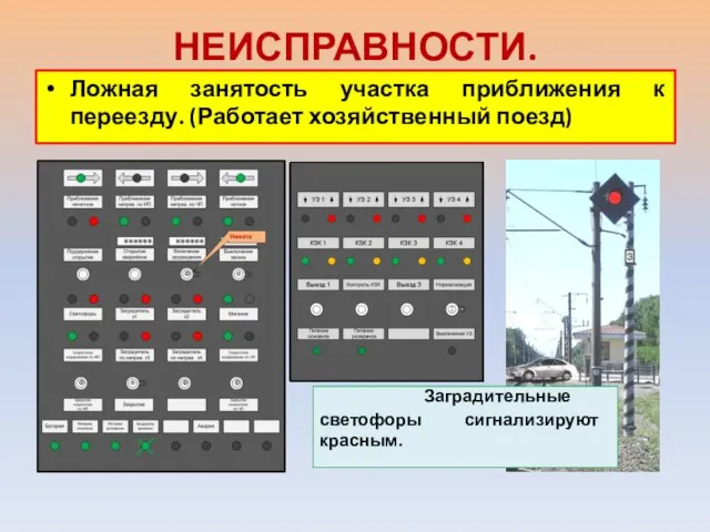 НЕИСПРАВНОСТИ. Ложная занятость участка приближения к переезду. (Работает хозяйственный поезд) Заградительные светофоры сигнализируют красным.