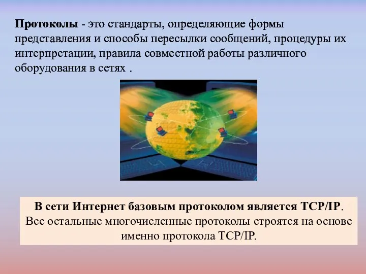 Протоколы - это стандарты, определяющие формы представления и способы пересылки