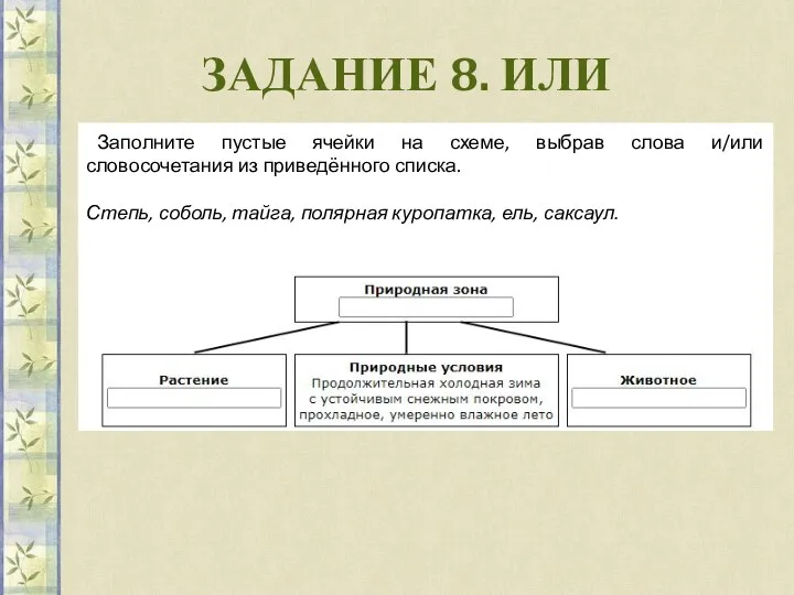 ЗАДАНИЕ 8. ИЛИ Заполните пустые ячейки на схеме, выбрав слова