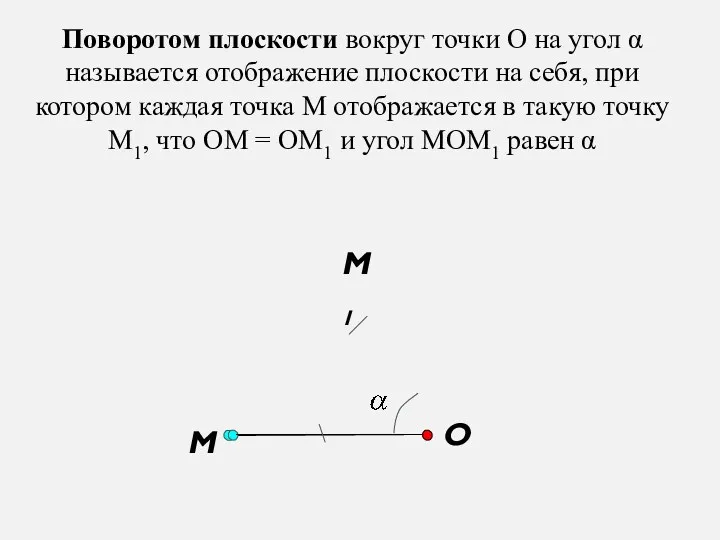 O Поворотом плоскости вокруг точки О на угол α называется