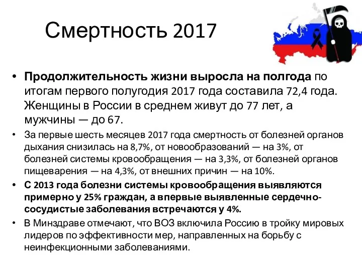 Смертность 2017 Продолжительность жизни выросла на полгода по итогам первого