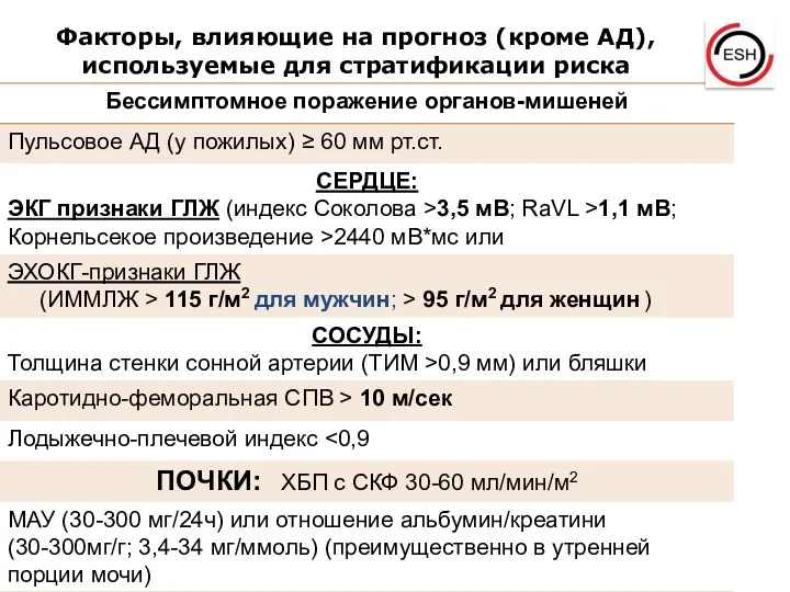 Факторы, влияющие на прогноз (кроме АД), используемые для стратификации риска