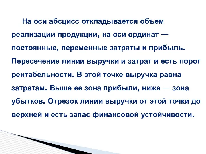 На оси абсцисс откладывается объем реализации продукции, на оси ординат