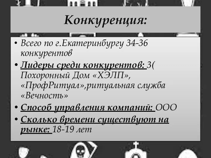 Конкуренция: Всего по г.Екатеринбургу 34-36 конкурентов Лидеры среди конкурентов: 3(