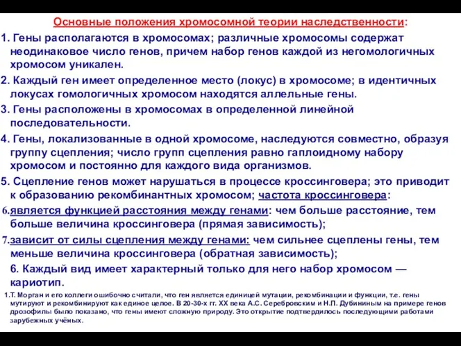 Основные положения хромосомной теории наследственности: Гены располагаются в хромосомах; различные