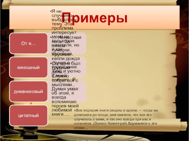 Примеры От я… Я не случайно выбрал эту тему. Эта