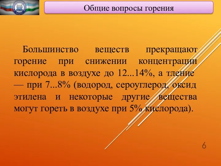 Общие вопросы горения Большинство веществ прекращают горение при снижении концентрации