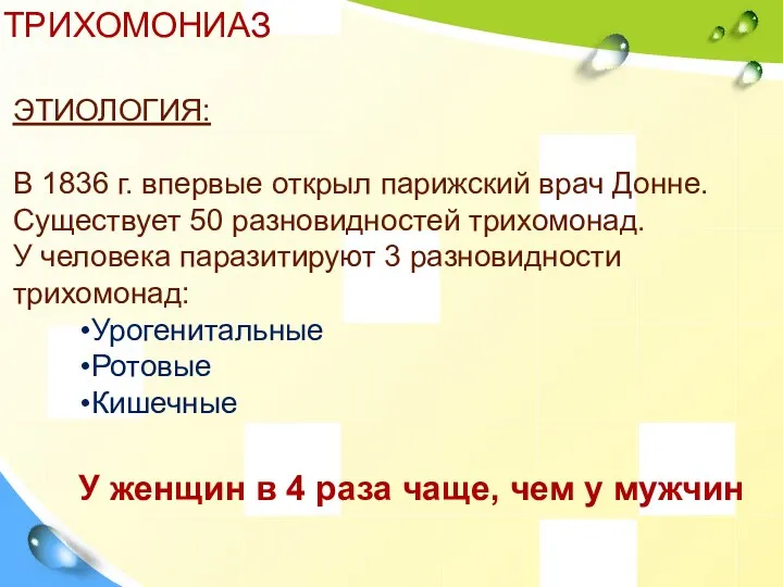 ТРИХОМОНИАЗ ЭТИОЛОГИЯ: В 1836 г. впервые открыл парижский врач Донне.