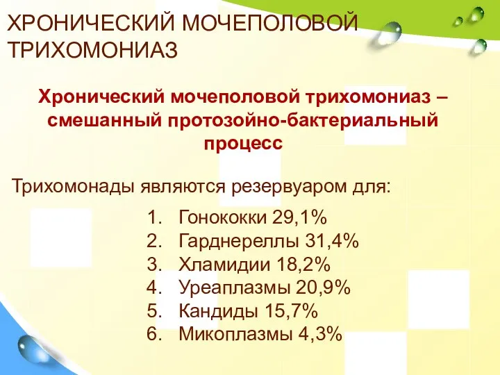 ХРОНИЧЕСКИЙ МОЧЕПОЛОВОЙ ТРИХОМОНИАЗ Хронический мочеполовой трихомониаз – смешанный протозойно-бактериальный процесс