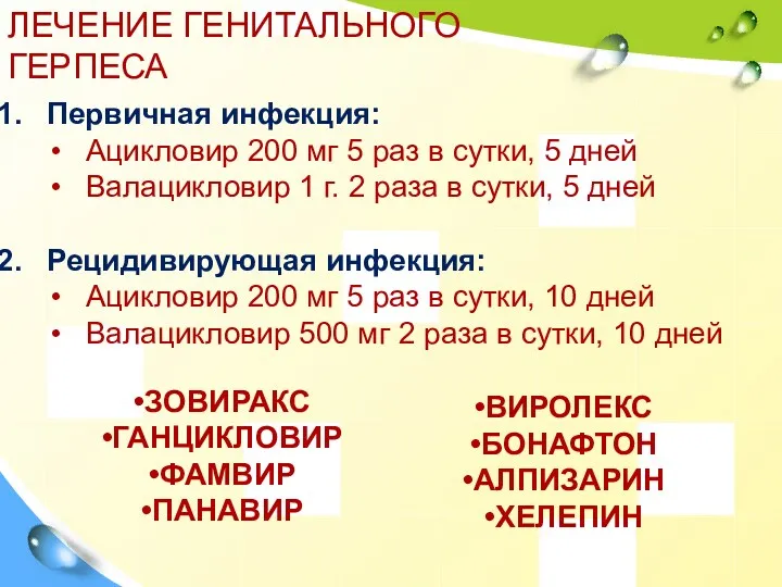 ЛЕЧЕНИЕ ГЕНИТАЛЬНОГО ГЕРПЕСА Первичная инфекция: Ацикловир 200 мг 5 раз