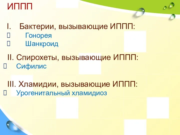 ИППП Бактерии, вызывающие ИППП: Гонорея Шанкроид II. Спирохеты, вызывающие ИППП: