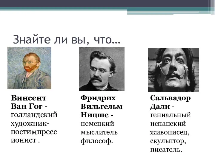 Знайте ли вы, что… Винсент Ван Гог - голландский художник-постимпрессионист . Фридрих Вильгельм