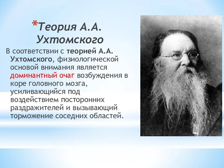 Теория А.А. Ухтомского В соответствии с теорией А.А. Ухтомского, физиологической