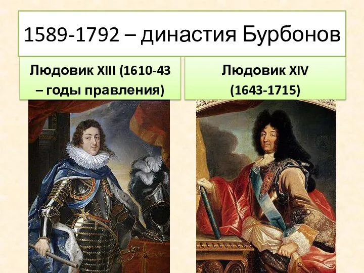 1589-1792 – династия Бурбонов Людовик XIII (1610-43 – годы правления) Людовик XIV (1643-1715)